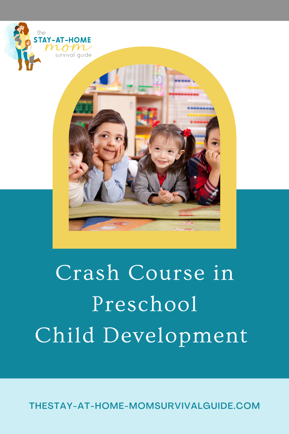 Children looking on with smiles. Text reads crash course in preschool child development.