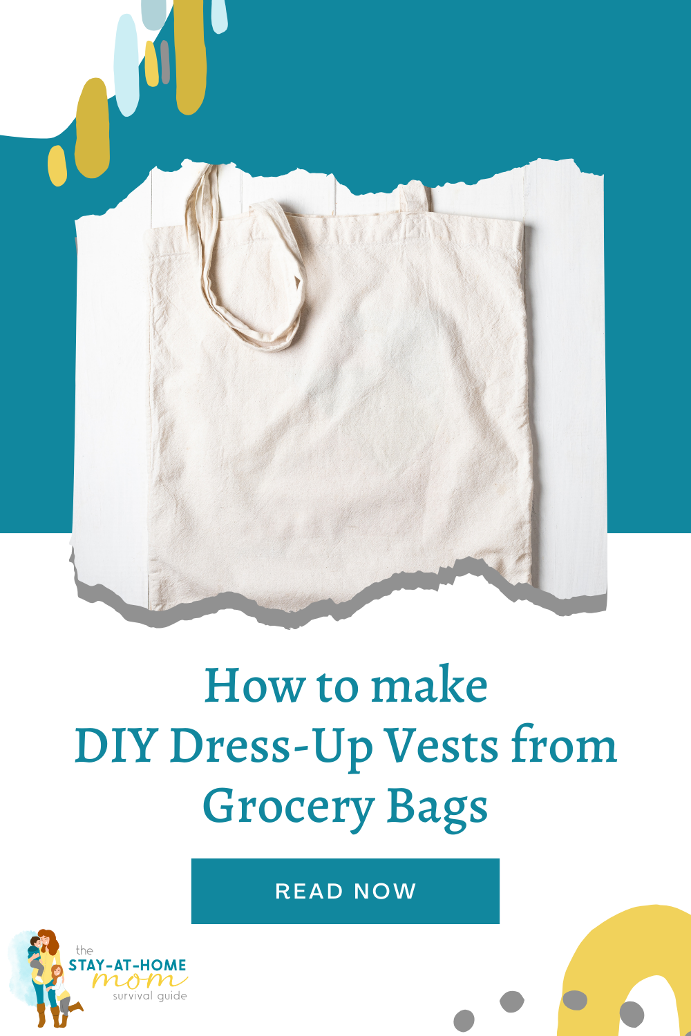 Canvas reusable grocery bag. Tet reads how to make DIY dress up vests from grocery bags. Easy kids dress up costume idea.
