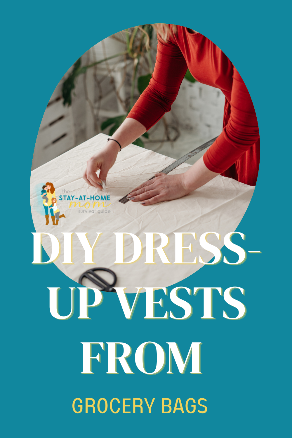Woman cutting canvas cloth text reads DIY dress-up vests from grocery bags. Easy way to make costumes for kids.