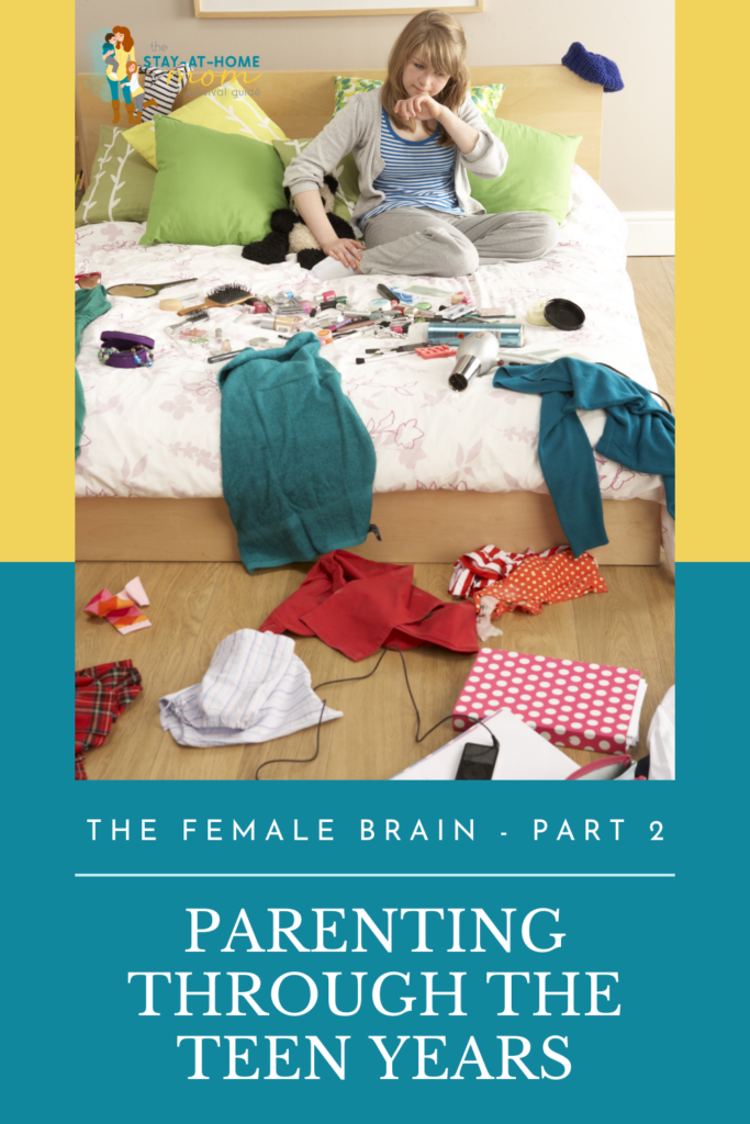 Parenting through the teens years with a look at hormones in the teenage girls. Image shows a teen girl sitting in a bed with a mess all over her room.