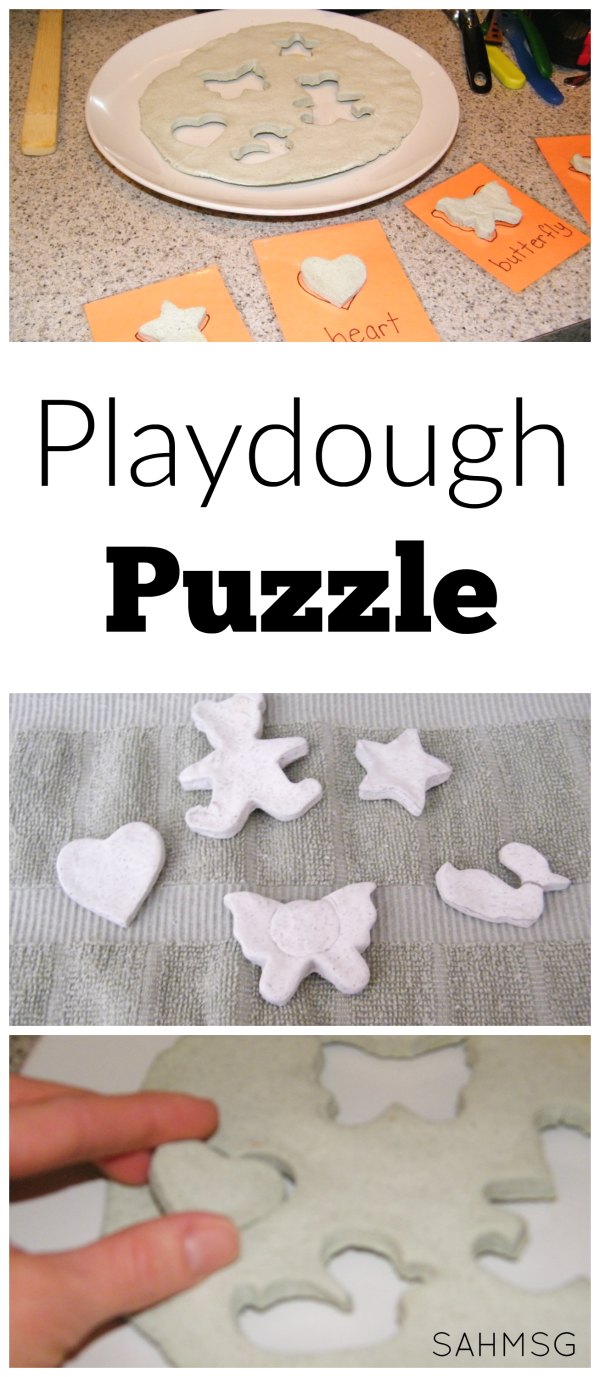 Make a homemade playdough puzzle. A DIY puzzle that uses play dough for the puzzle and pieces. 