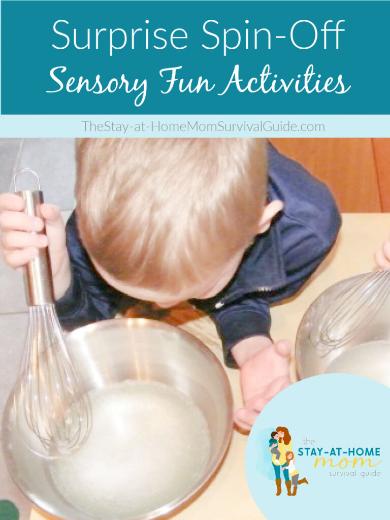 Child whisking a bowl and looking into it with wonder. Text reads surprise spin-off sensory fun activities.