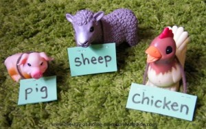 Toddler activity for learning animal names with simple animal nametags.