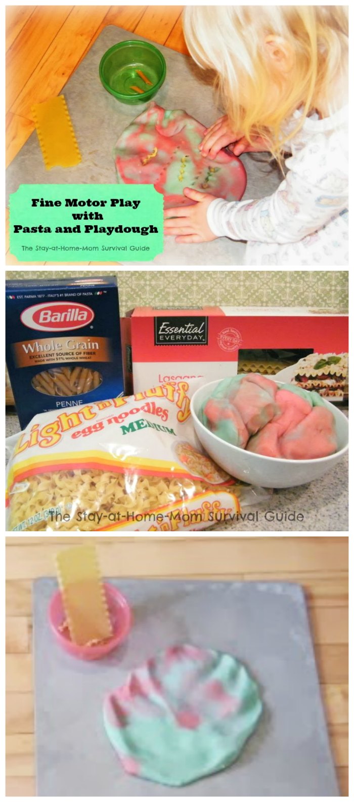 Combine pasta and play dough for a homemade (simple) fine motor and sensory activity for preschool and toddler aged children. 