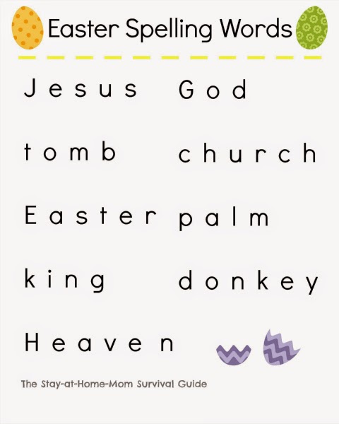 Free printable Easter spelling words to use with a hands-on game shared by The Stay-at-Home Mom Survival Guide.