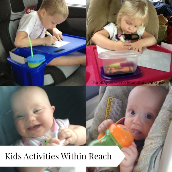 Keeping kids activities within reach is essential to keep the driver safely focused on the road and everyone content in the car on a road trip.