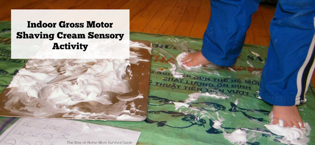 Too hot to play outside? Try some gross motor and sensory play indoors! Tips to contain the mess help this activity get the kids moving with some simple sensory play without making a huge mess.