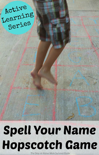 Children learn how to spell their name with large motor movement in a hopscotch-like game that can be played outdoors. Great for preschool or early elementary kids. This active learning series will have awesome resources!