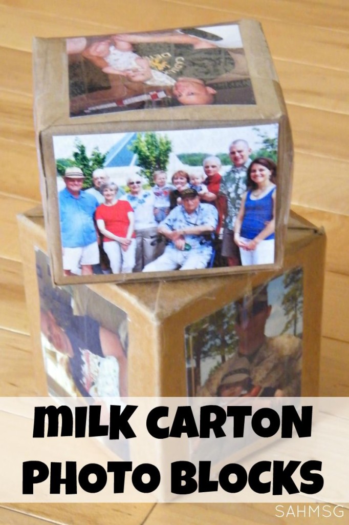 Make your own photo blocks from a milk carton. These are fun building blocks for kids personalized with family pictures.