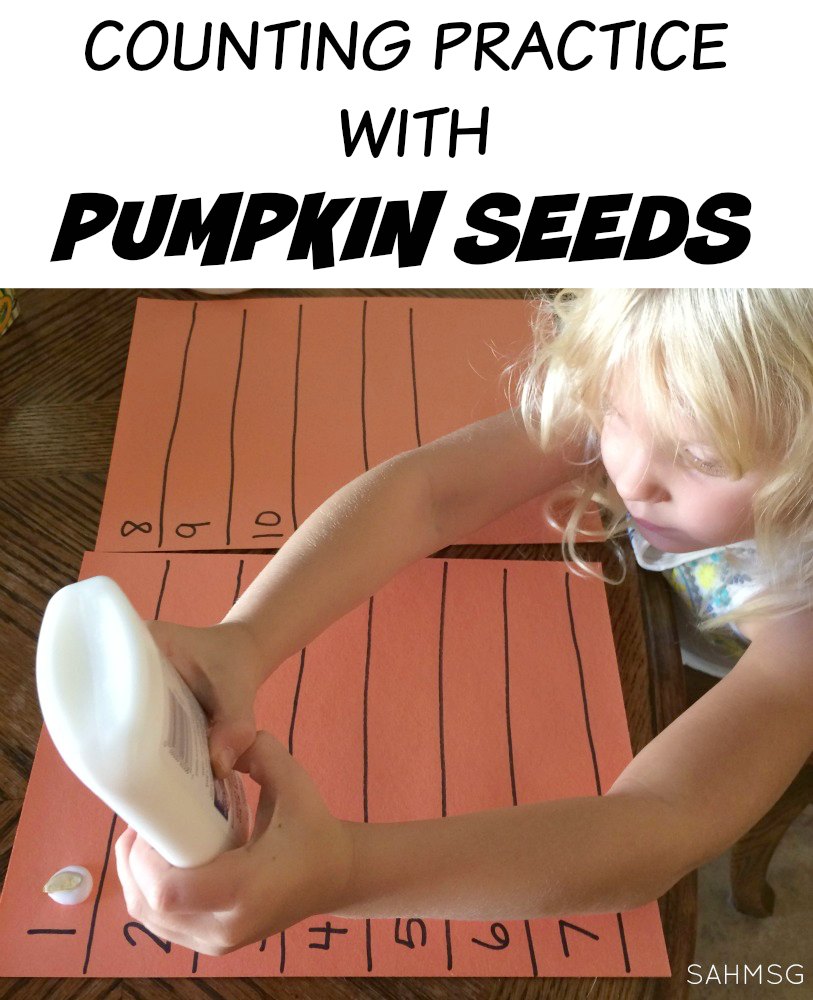 Use pumpkin seeds for some counting practice and number recognition PLUS gluing skills! There is even a toddler version (no glue) to give the little ones a fine motor challenge as well. Great for preschool kids and the toddler version is so easy to set up.