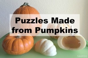 Homemade puzzles from real pumpkins as a Fall-themed Preschool Activity.