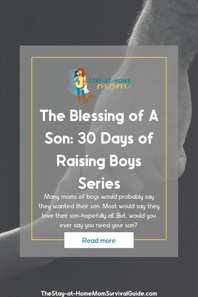 Background image is an adult hand holding a child's hand. In the forefront is the text The blessing of a son: 30 days of raising boys series.
