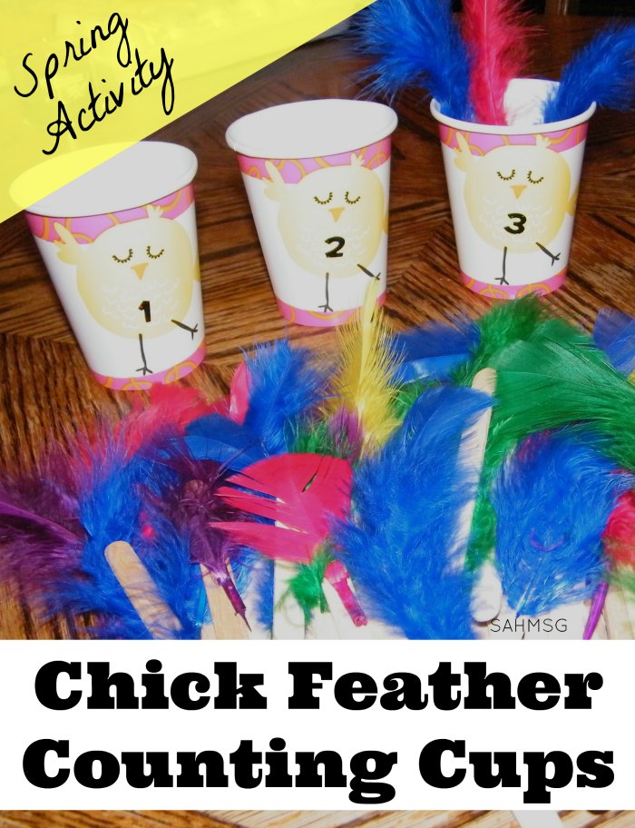 A preschool counting activity using chicks and feathers for a tactile and sensory counting activity for kids just in time for Spring!