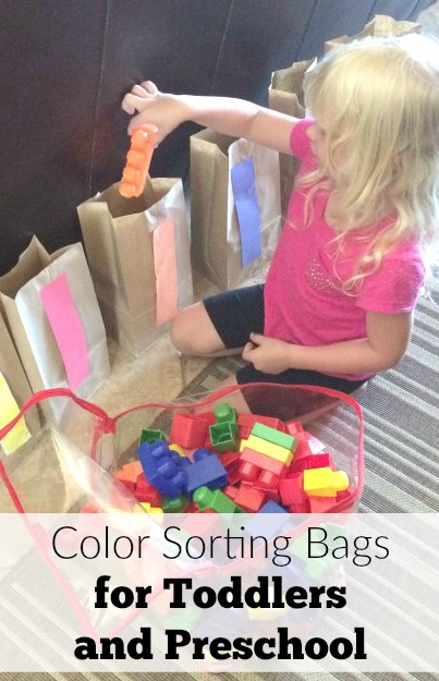 Create a simple color sorting game for teaching colors and sorting skills with this simple color sorting bags for toddlers and preschool idea.