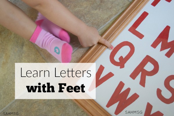 Kids learn letters with their feet! This fun way to learn letters with feet engages ultiple learning styles and is fun for kids with Kids in Socks letter matching socks. #sponsored