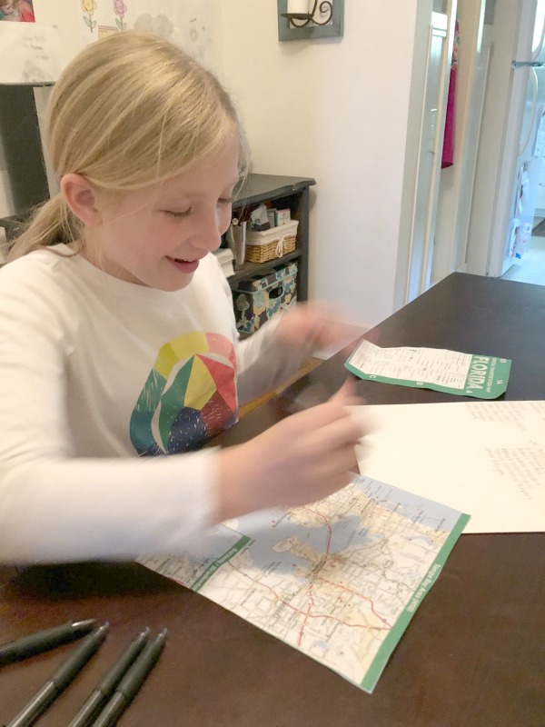 Map travel activity for school age kids to help learn map reading skills and keep them occupied on a road trip.