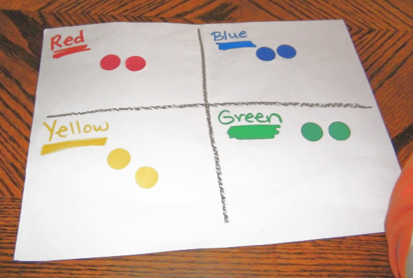 Color sorting and learning activity for preschool age kids that teaches color names, fine motor skills and sorting skills.