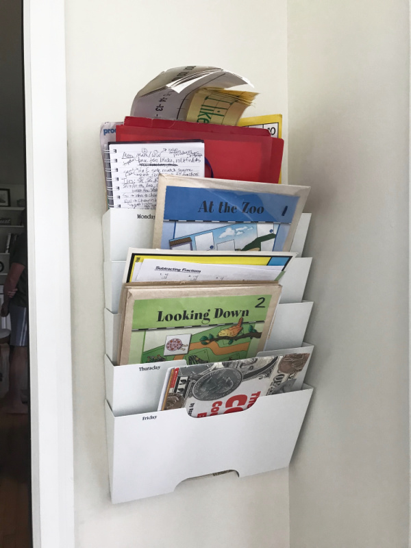 Plan ahead with homeschool curriculum with a 5-section divider. Homeschool organization tips that work for virtual school too.