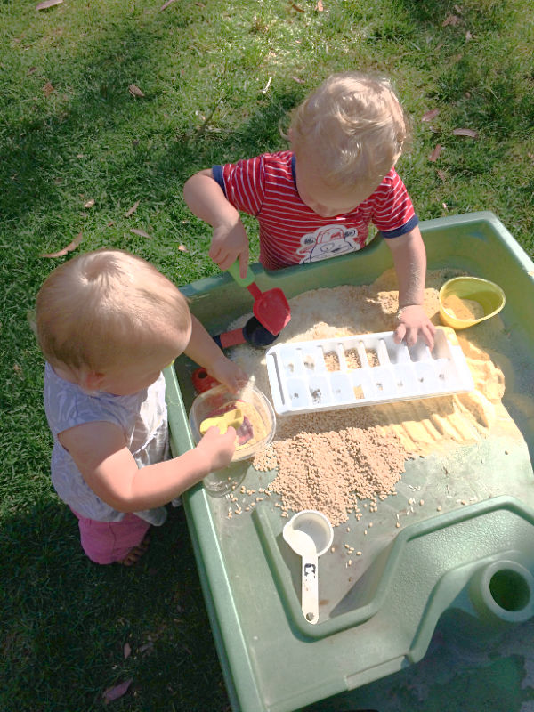 Simple sensory table idea for babies for indoor or outdoor play.