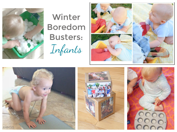 Baby play ideas are so helpful in the winter months when we are all stuck inside. Keep baby learning with this list of winter boredom busters for infants! My babies love all these activities.