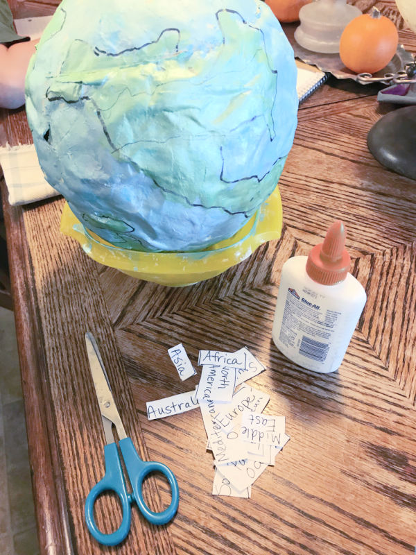 Extension activity for school age kids is to glue labels onto the globe to label the continents.