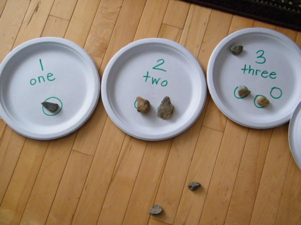 Rock counting plates labeled for the counting rocks preschool fine motor activity.