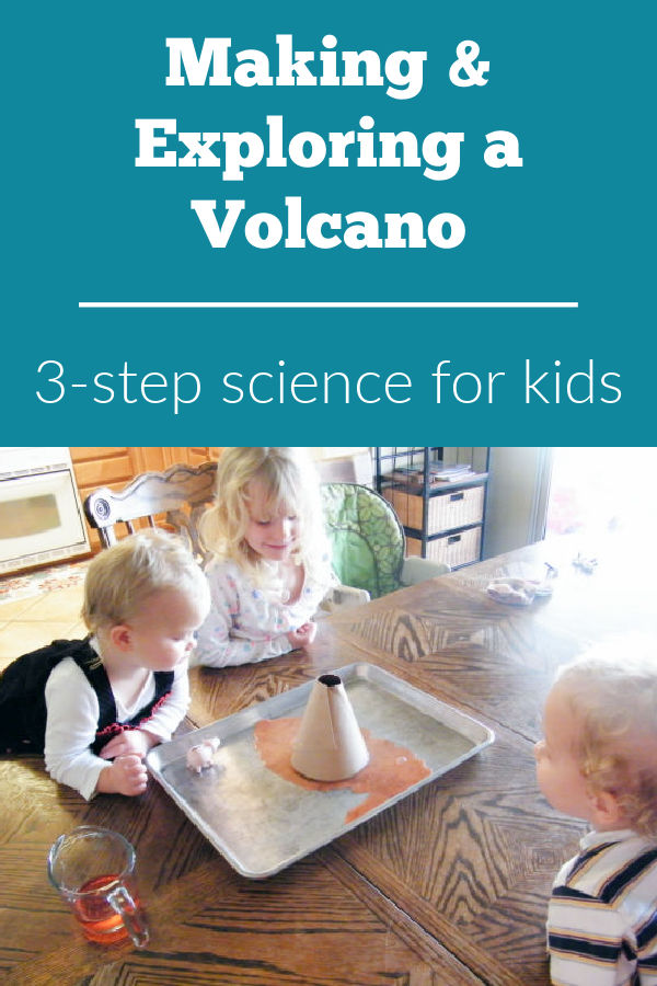 Three kids observing the making and exploring a volcano experiment. It is a 3-step science activity for kids.