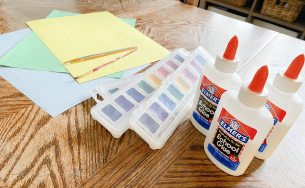 Supplies for salt and watercolor painting activity.