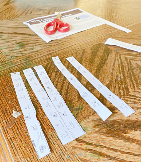 Paper strips all cut out from the printable worksheet.