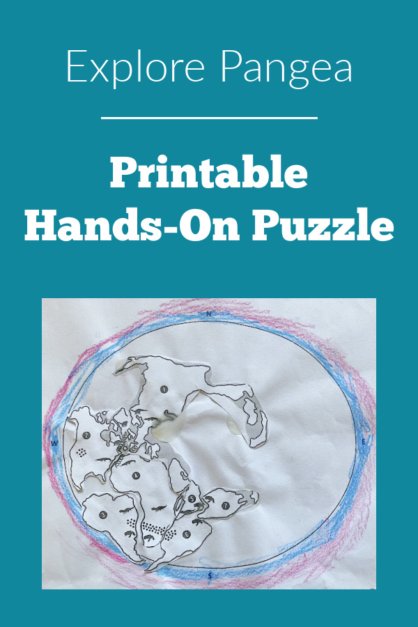 Finished hands-on puzzle to explore pangea. Text reads explore pangea printable hands-on puzzle.