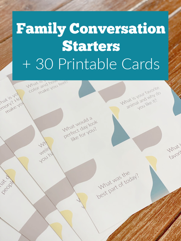 Printable family conversation starter cards on table text reads family conversation starters plus 30 printable cards.