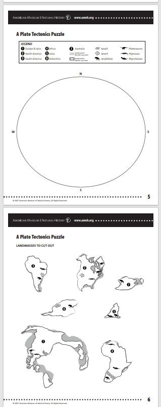 Image of the printable worksheets from The American Museum of Natural History to make a hands-on puzzle for exploring plate tectonics.