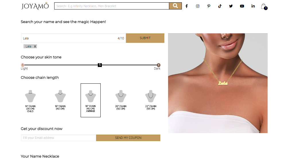Tangkapan layar formulir pesanan perhiasan JoyAmo yang dipersonalisasi untuk membuat kalung yang dipersonalisasi sebagai hadiah hari ibu yang luar biasa.