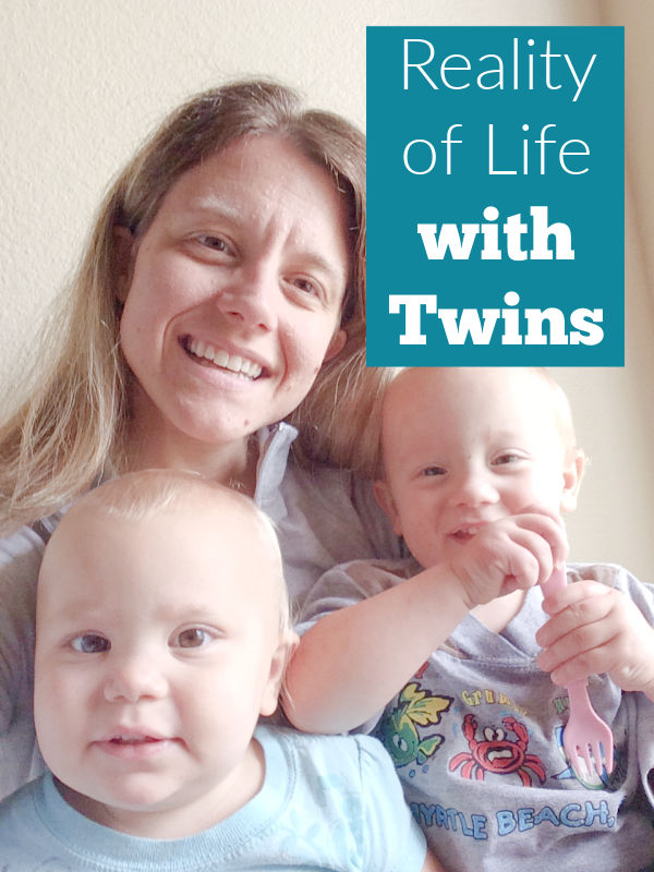 Mom with twins text reads reality of life with twins.