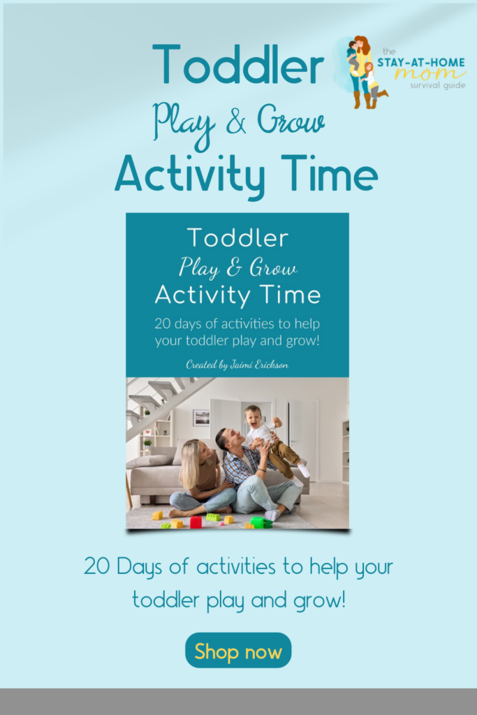 Title image of Toddler Play and Grow Activity Guide with mom, dad and toddler smiling and playing on the floor. Click image to shop now.