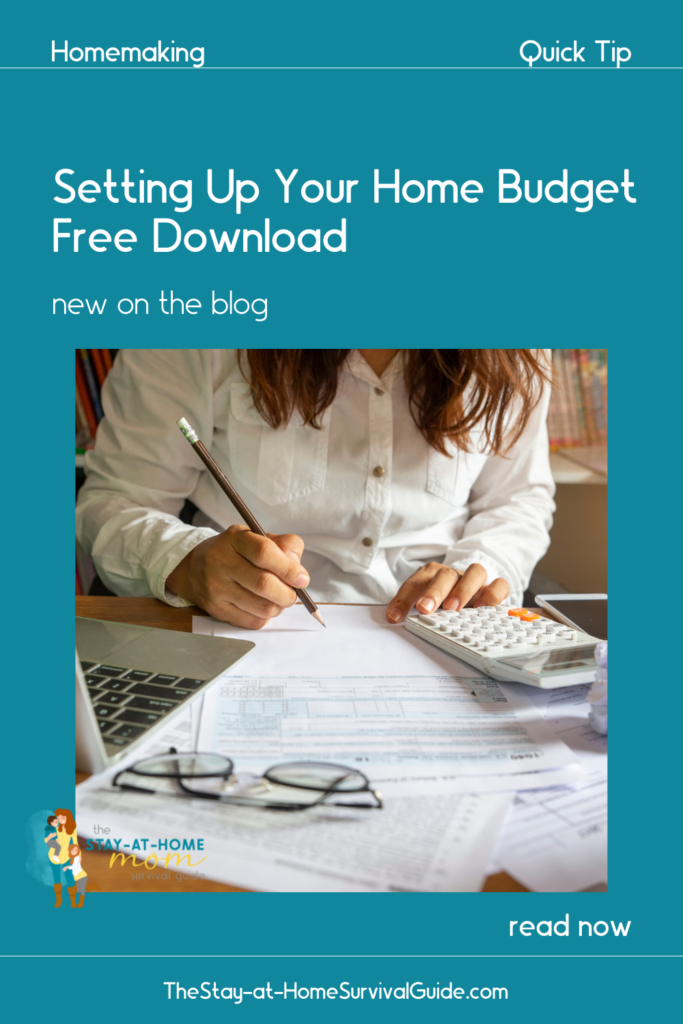 Woman with calculator, pencil and computer calculating her home budget. Text reads setting up your home budget free download template.