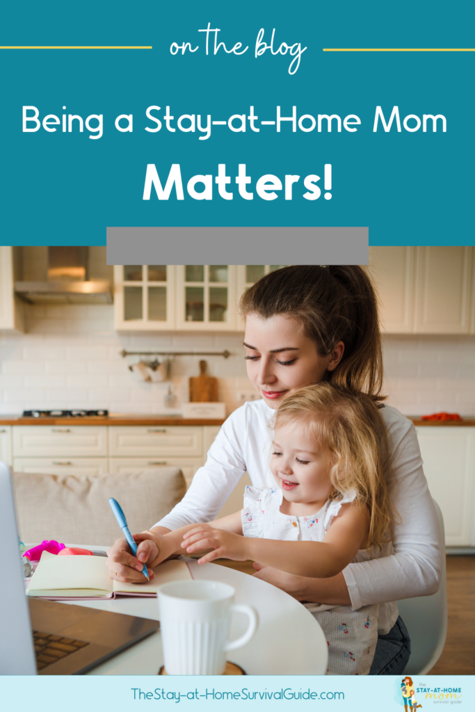 New on the blog Being a Stay at Home Mom Matters. Image shows mom writing in a journal with little girl on her lap seated in the kitchen.