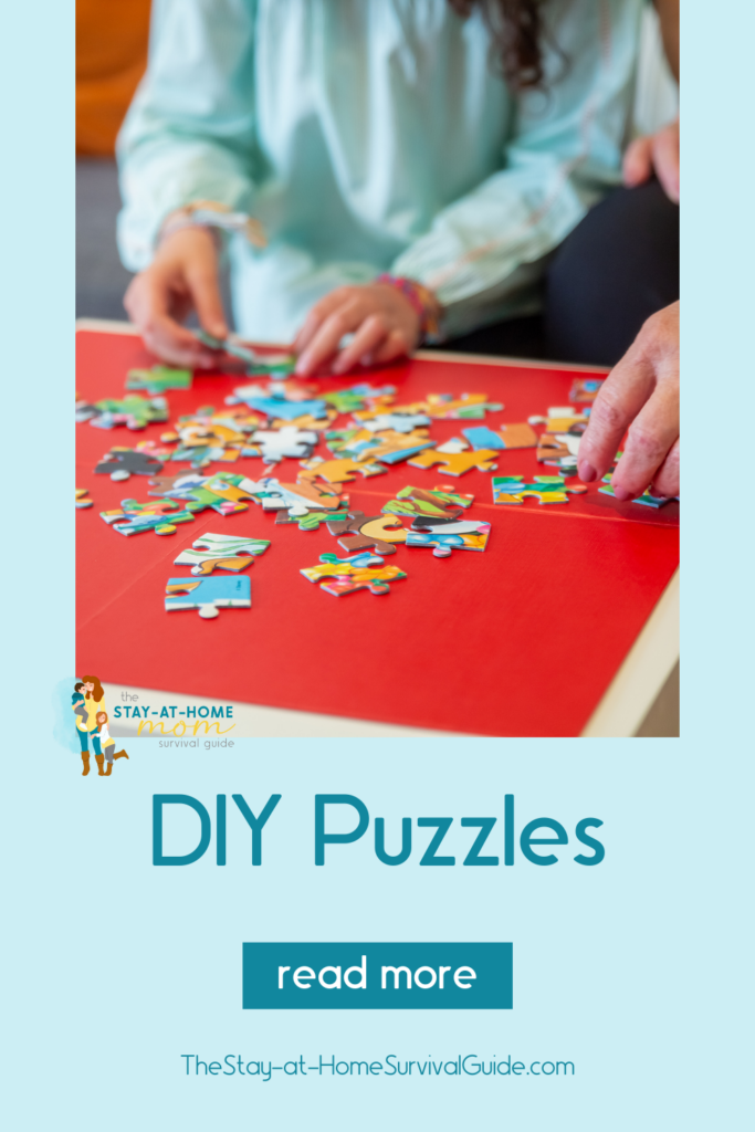People putting together a puzzle on a red table. Text reads DIY puzzles.