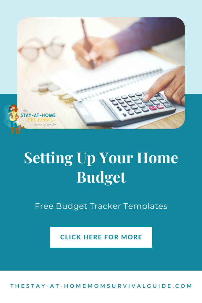 Man plugging in numbers on a calculator text reads setting up your home budget free budget tracker templates.