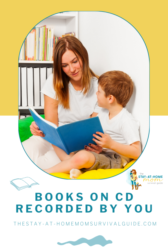 Mom reading to son. Text reads books on CD recorded by you. Reading to our children when we travel or helping long-distance family members participate in your child's lives from afar.