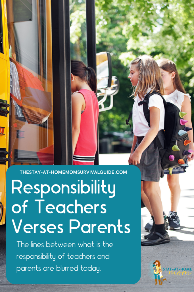 Children lined up walking into a school bus. Text reads responsibility of teachers versus parents. The line between what is the responsibility of teachers and parents are blurred today.