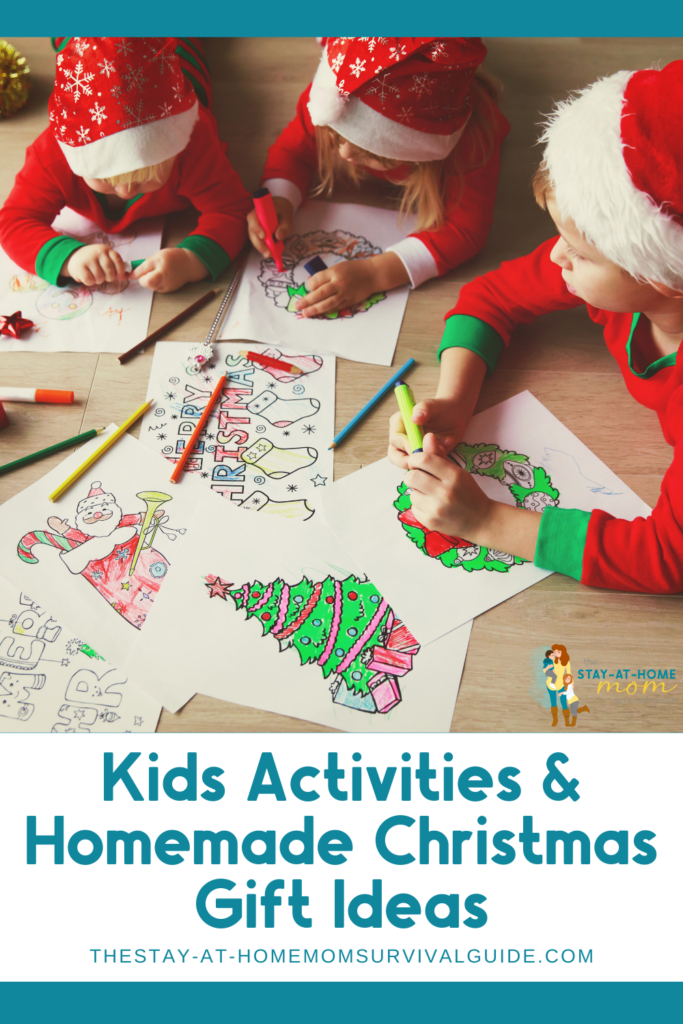 Three children dressed in red with Santa hats on coloring Christmas pictures at a table. Text reads kids activities and homemade Christmas gift ideas.