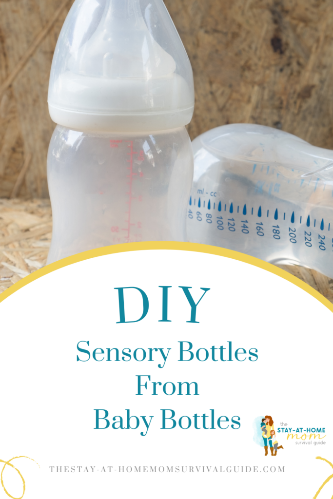 Baby bottles shown on a kitchen counter. Text reads DIY sensory bottles from baby bottles infant activity.