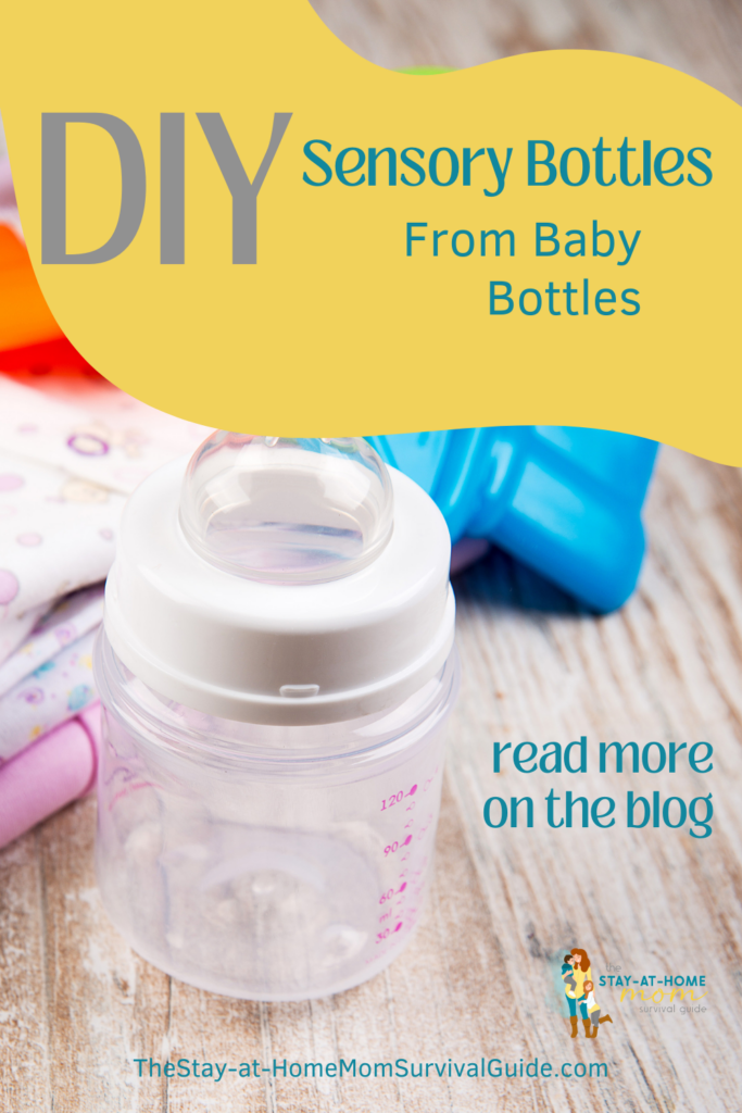 Image of baby bottles text reads DIY sensory bottles made from baby bottles is a simple sensory activity for infants. 