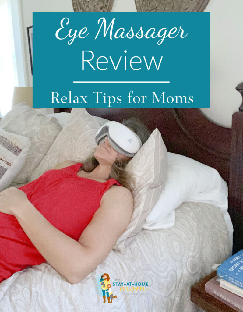 Woman resting with an eye massager on text reads eye massager review relax tips for moms.