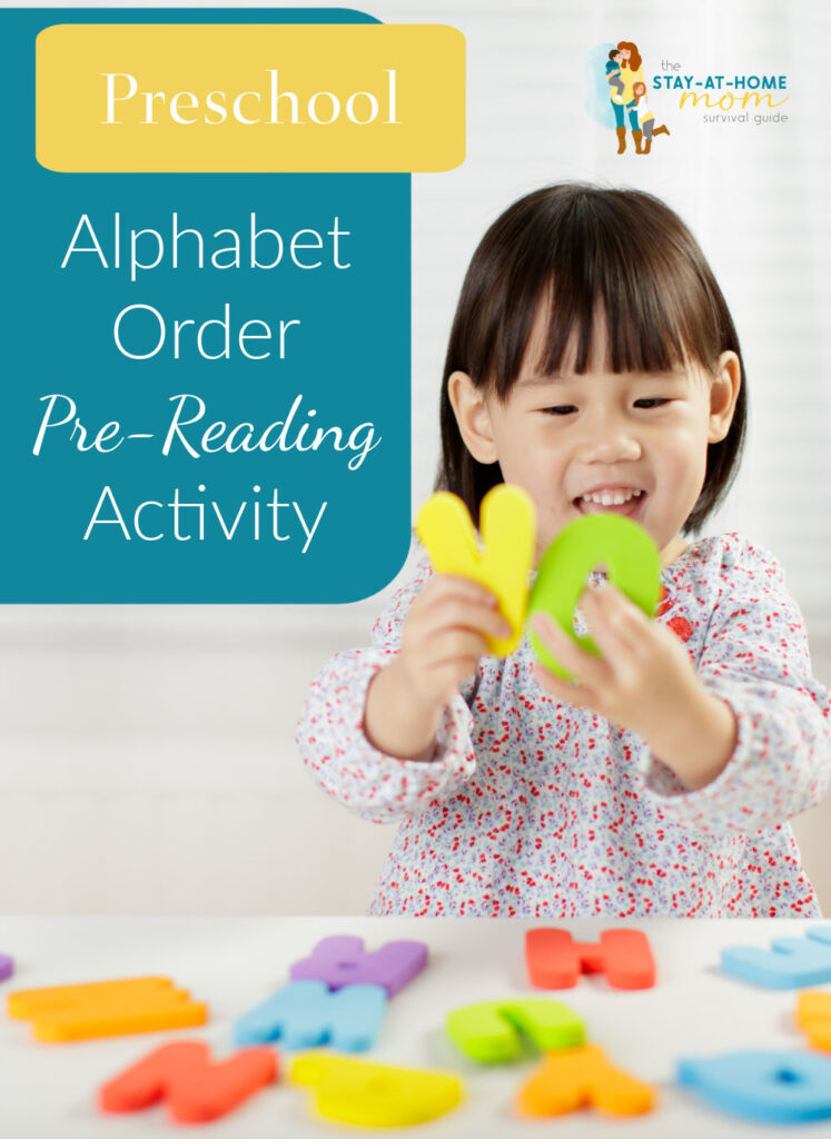 Child playing with plastic letters and smiling. Text reads preschool alphabet order pre-reading activity for learning letters, letter order and pre-reading skills.