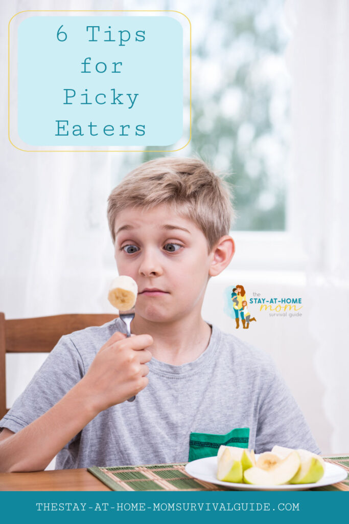 Boy staring at a bite of food on his fork with a puzzled look. Text reads 6 tips for picky eaters.