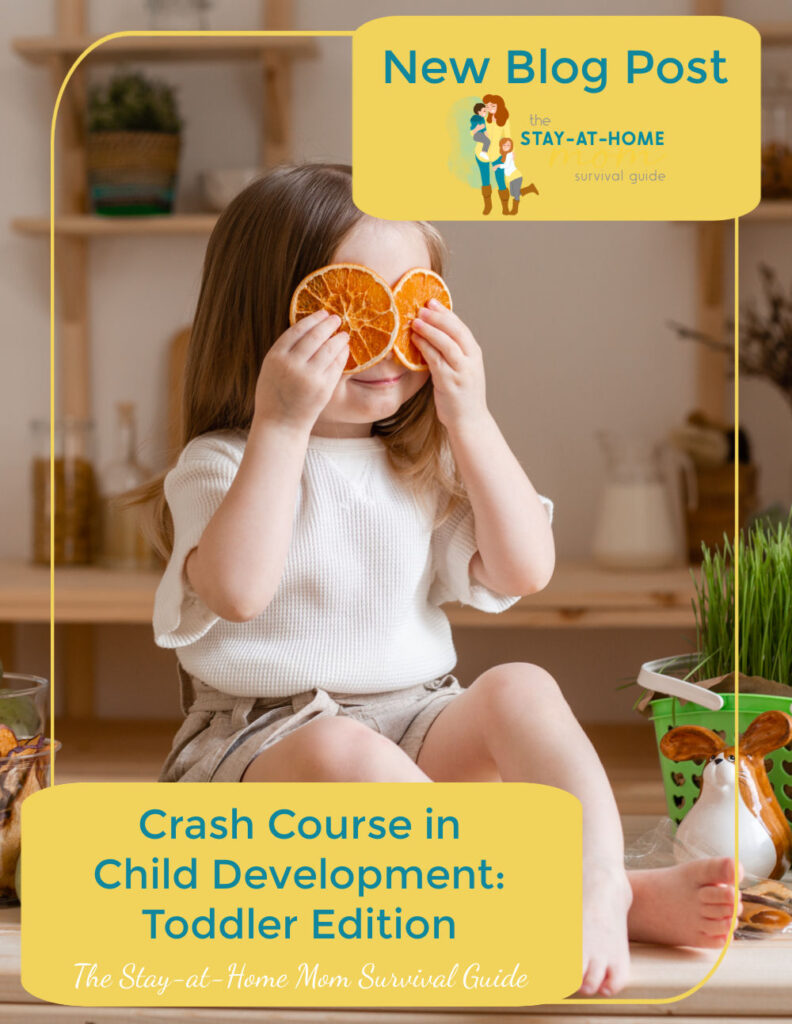 Little girl with orange slices on her face pretending to hide. Text reads new blog post Crash Course in Child Development for Toddlers.