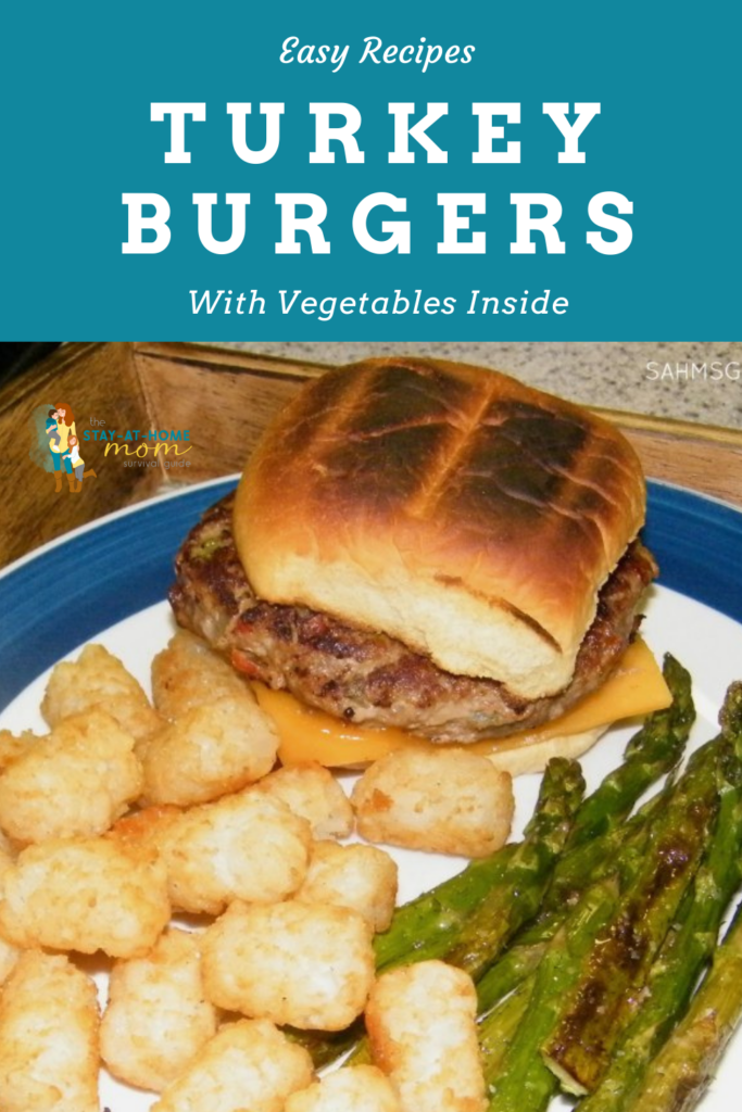 Turkey burger on a plate with tater tots and asparagus. Text reads easy recipes turkey burgers with vegetables inside. Easy way to help kids eat more vegetables.