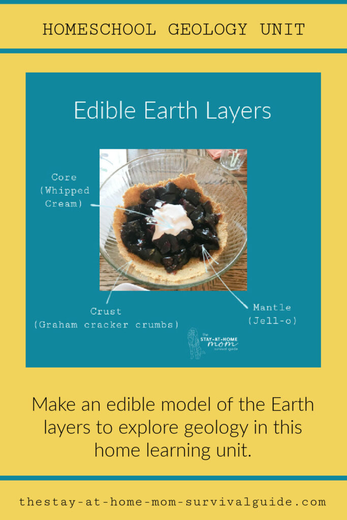 Edible earth layers model shown. Homeschool geology unit.